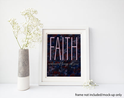 Mockup of 'Faith: evidence of things not seen' scripture-inspired wall art in a clean white frame, styled with a minimalist vase and white flowers. Frame not included.