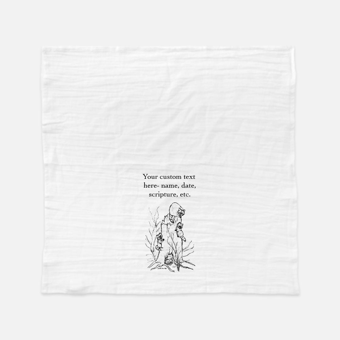 Woodland Raccoons Tea Towel - Personalized Farmhouse Kitchen Towel with Custom Print Text