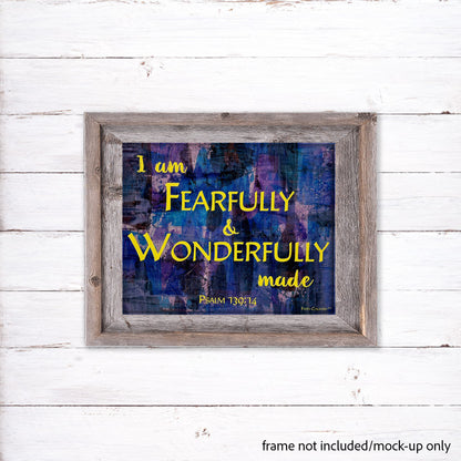 Mockup of scripture canvas art featuring 'I am fearfully & wonderfully made' from Psalm 139:14 in a rustic wooden frame, displayed against a white shiplap wall. Frame not included.