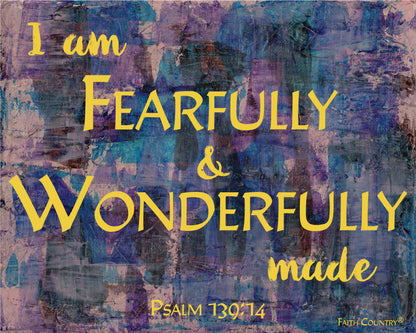 Full digital artwork of “I am fearfully & wonderfully made” from Psalm 139:14 in golden yellow lettering over layered brushstrokes in purple and blue.
