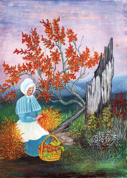 Gathering Harvest – Pioneer Woman & Autumn Tree Vintage Painting Art Card