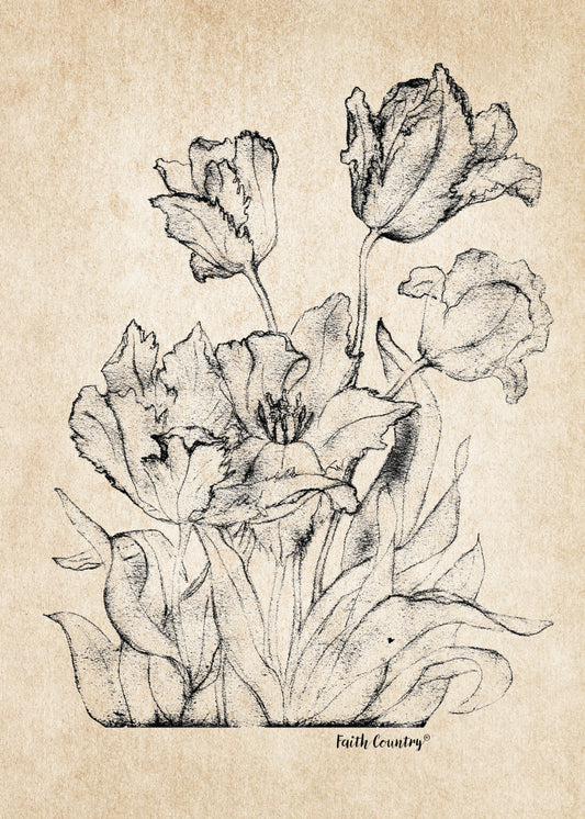 Vintage Floral Sketch Printable, Rustic Flower Line Art Drawing, Antique Botanical Wall Art, Farmhouse Decor