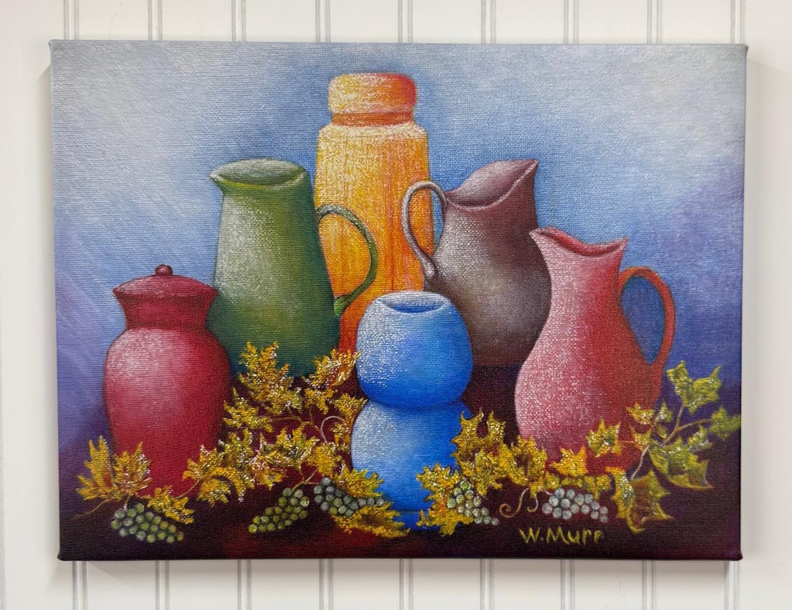 Front view of colorful still life painting featuring jars and pitchers with grapevine accents.