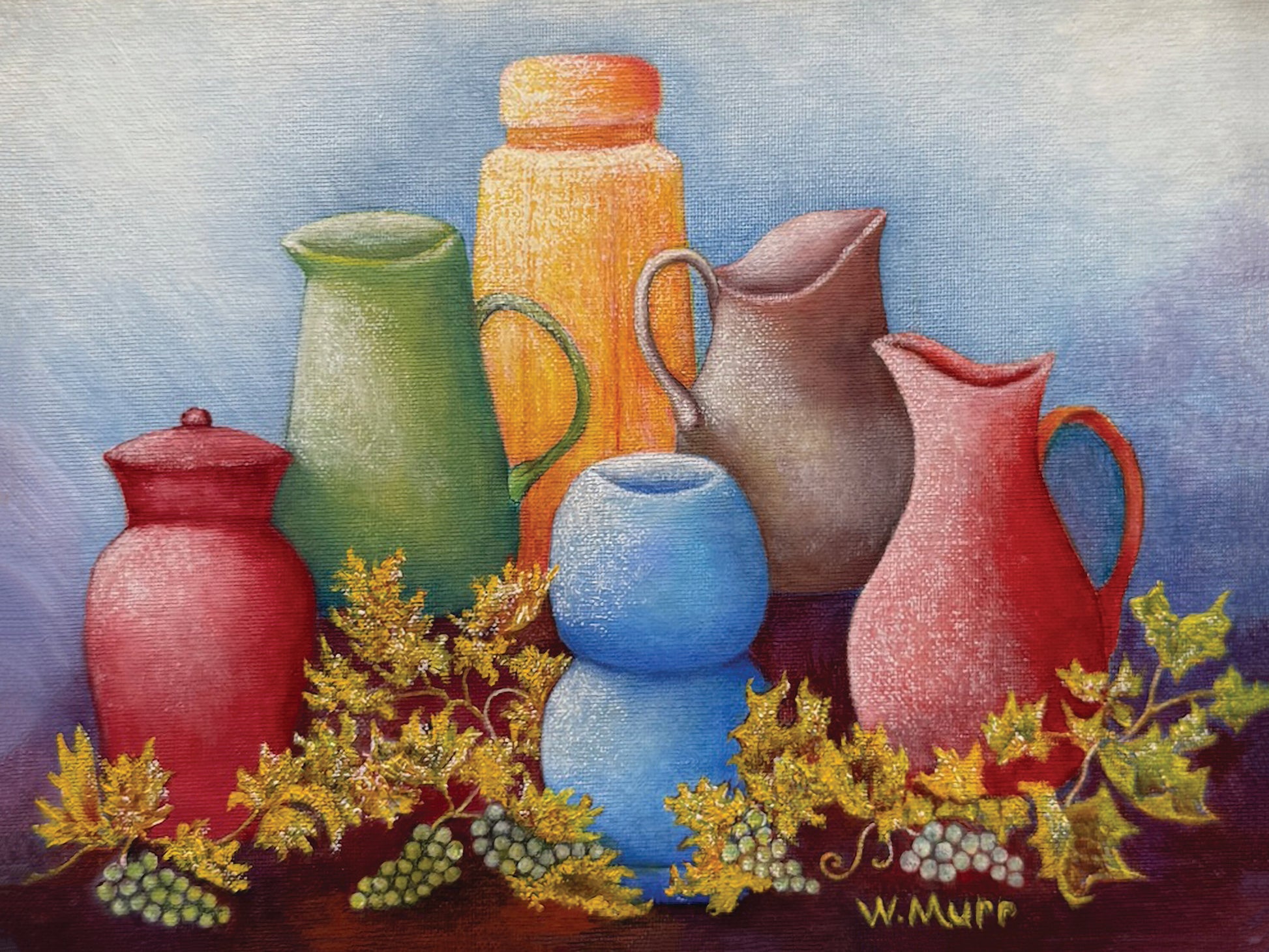 Lay flat of canvas print of the Jars painting showing vivid color details and brushwork.