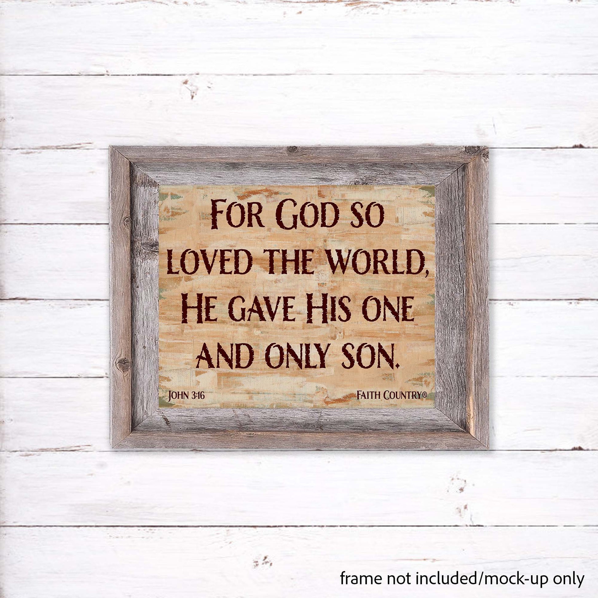 John 3:16 wall art with rustic barnwood frame – farmhouse mock-up