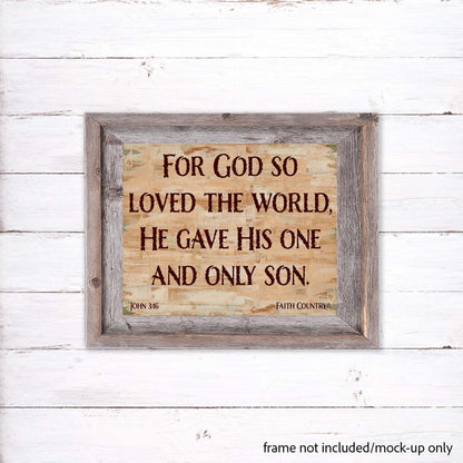 John 3:16 wall art with rustic barnwood frame – farmhouse mock-up