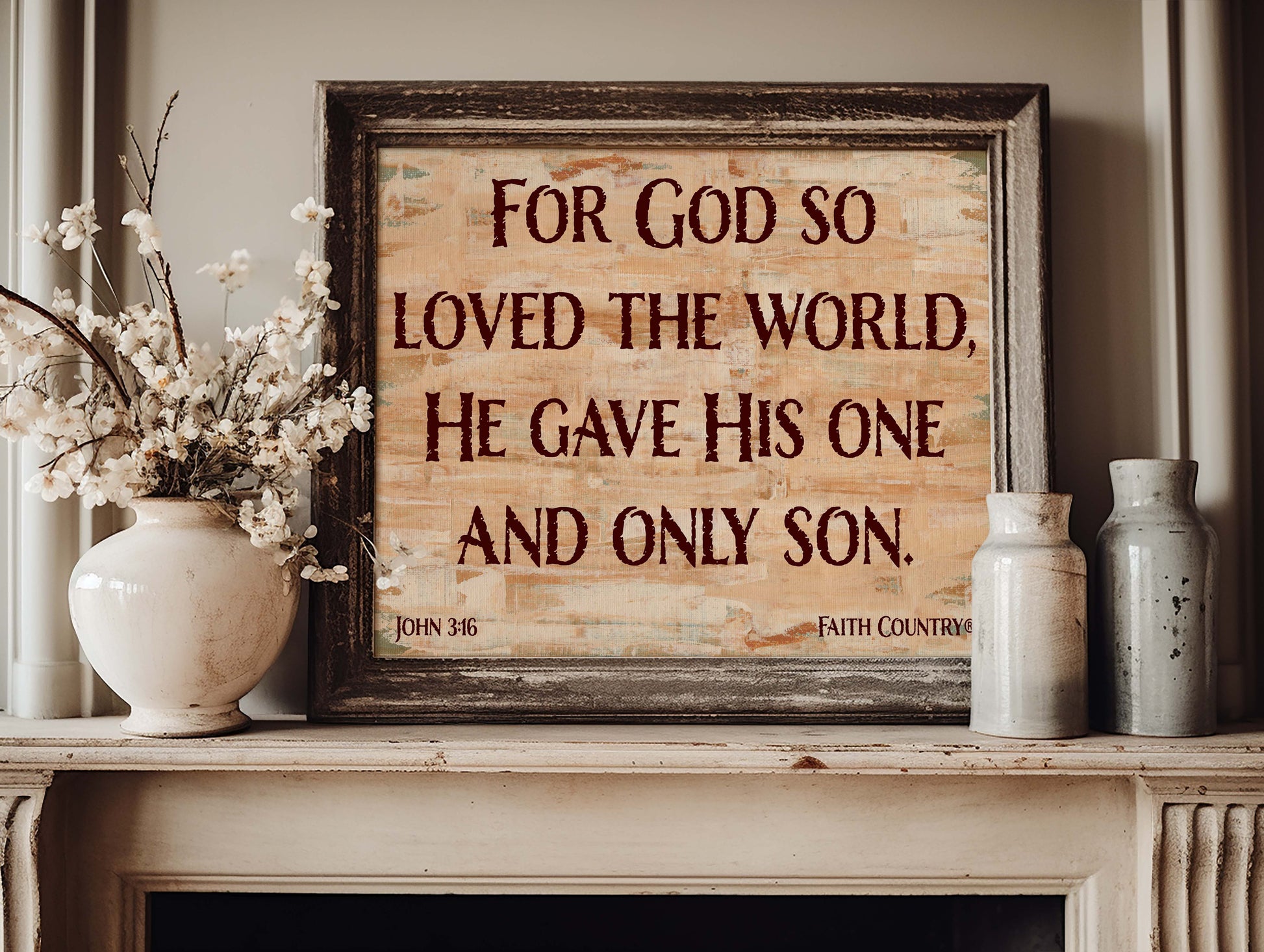 John 3:16 wall art with rustic barnwood frame – farmhouse mock-up