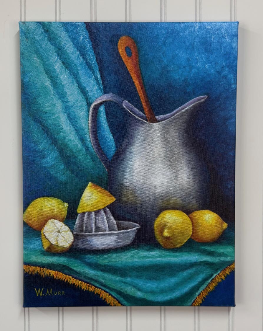 Frontal view of wrapped canvas titled Lemonade featuring a silver pitcher, lemons, and juicer on a teal cloth with a rich blue backdrop.