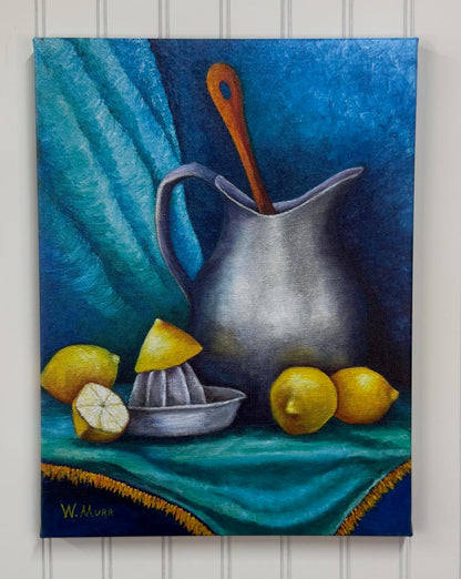 Frontal view of wrapped canvas titled Lemonade featuring a silver pitcher, lemons, and juicer on a teal cloth with a rich blue backdrop.
