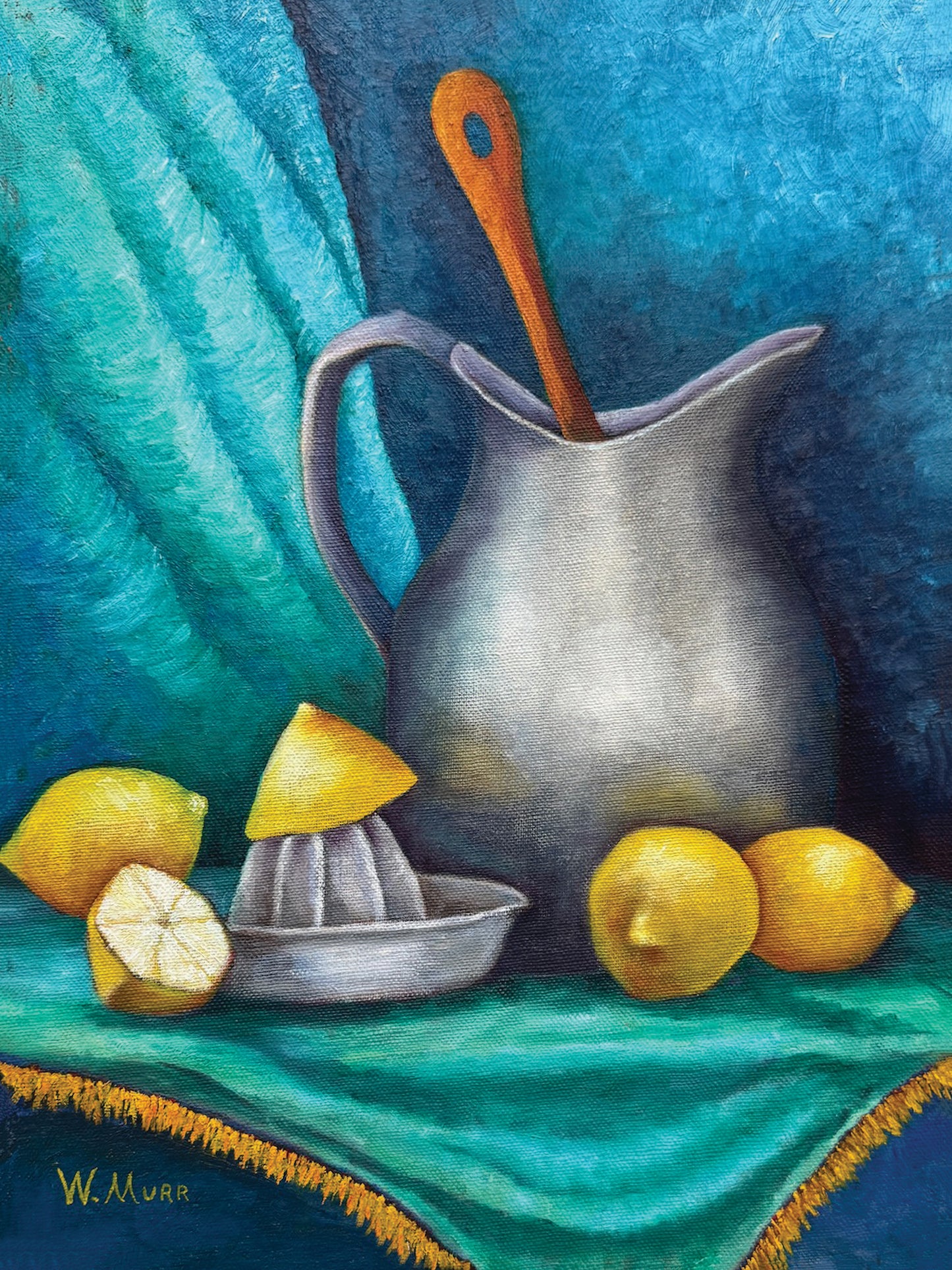 Lay flat canvas print of Lemonade showing crisp color and painterly texture with lemons, pitcher, and juicer.