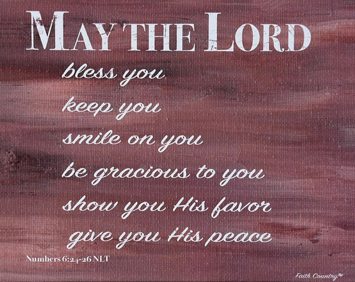 Close-up of the 'May the Lord' canvas print showing detailed text and textured brown background with scripture reference Numbers 6:24-26 (NLT).