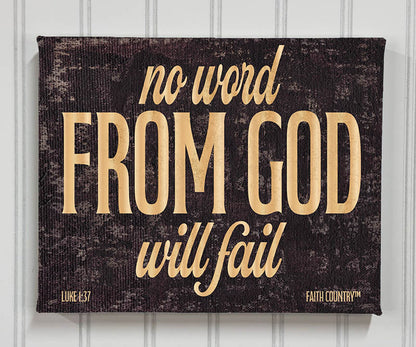 Christian wall art canvas with text “No word from God will fail” – Luke 1:37, displayed against a wood panel background.