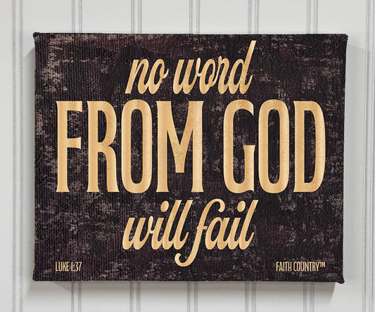 Christian wall art canvas with text “No word from God will fail” – Luke 1:37, displayed against a wood panel background.