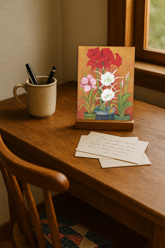 Quilts & Blooms Art Card Set with Wooden Stand – Vintage Farmhouse Cat, Quilt, and Flower Wall Art for Country Home Decor