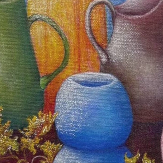 Video preview of Jars still life canvas wall art, showing close-up views of rustic jars in earthy tones printed on satin canvas using the giclée process.