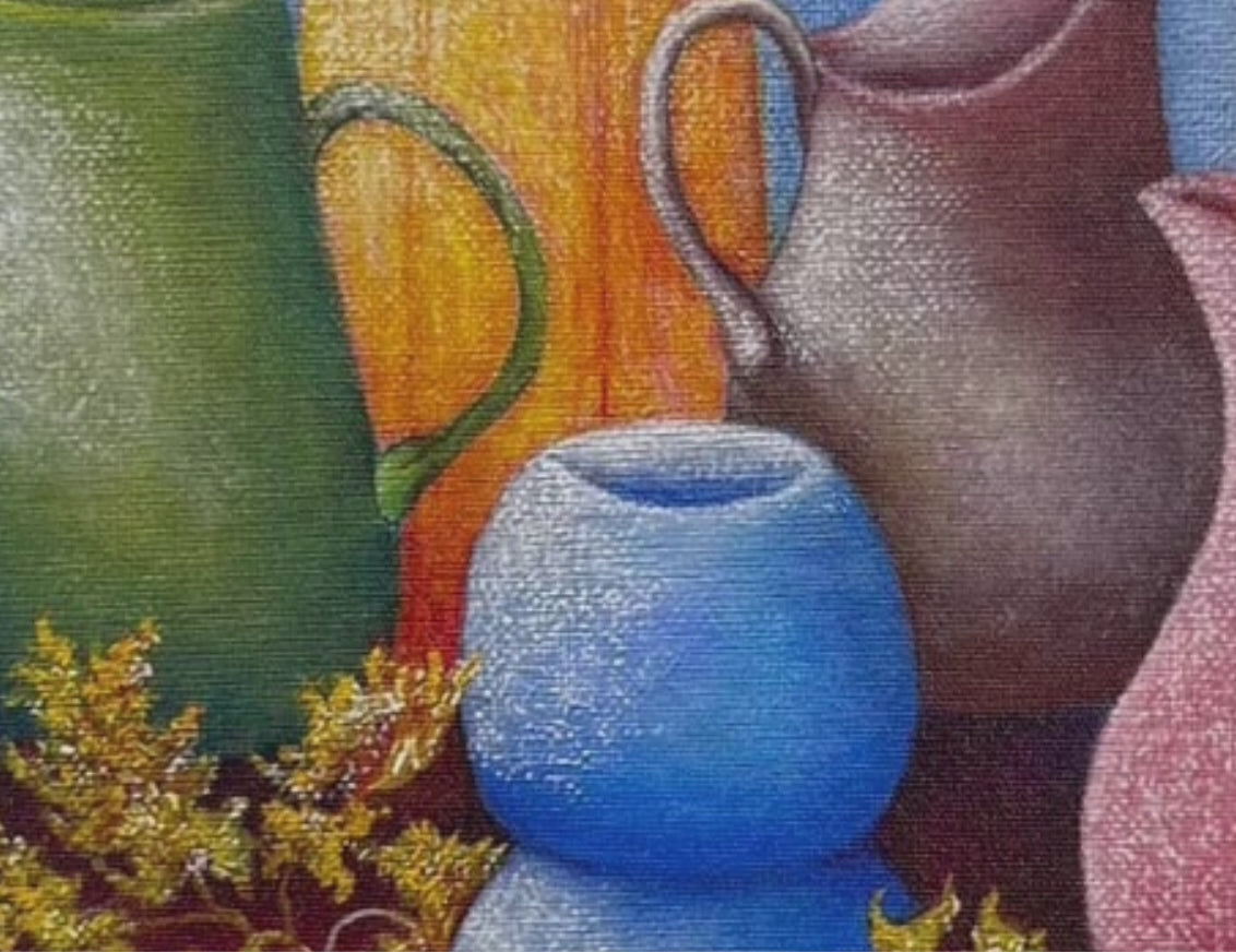Video preview of Jars still life canvas wall art, showing close-up views of rustic jars in earthy tones printed on satin canvas using the giclée process.