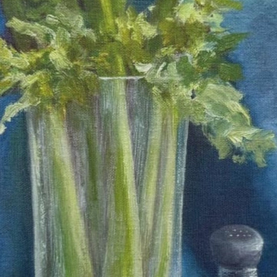 Video preview of canvas wall art print featuring a still life painting of celery with soft green tones and a vintage country kitchen style