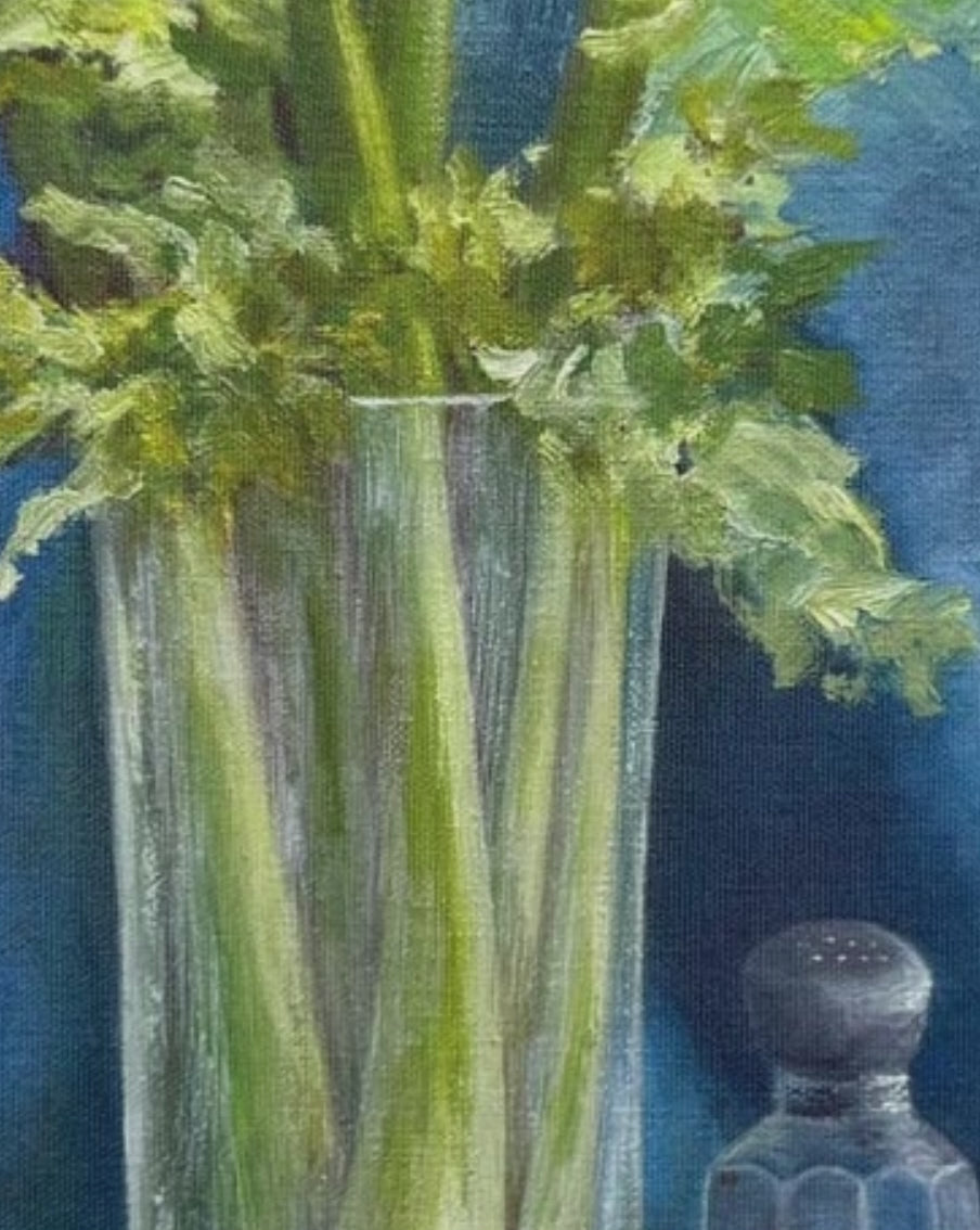 Video preview of canvas wall art print featuring a still life painting of celery with soft green tones and a vintage country kitchen style