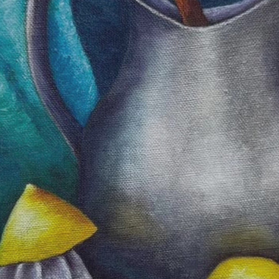 Video preview of Lemonade still life canvas art featuring citrus, pewter pitcher, and bold brushstrokes in a cozy country kitchen setting