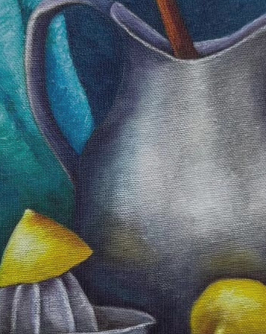 Video preview of Lemonade still life canvas art featuring citrus, pewter pitcher, and bold brushstrokes in a cozy country kitchen setting