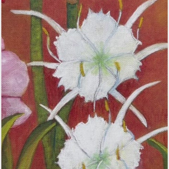 Video preview of Potted Blooms canvas wall art featuring vibrant red, pink, and white flowers in rustic pots, printed on satin canvas with texture details