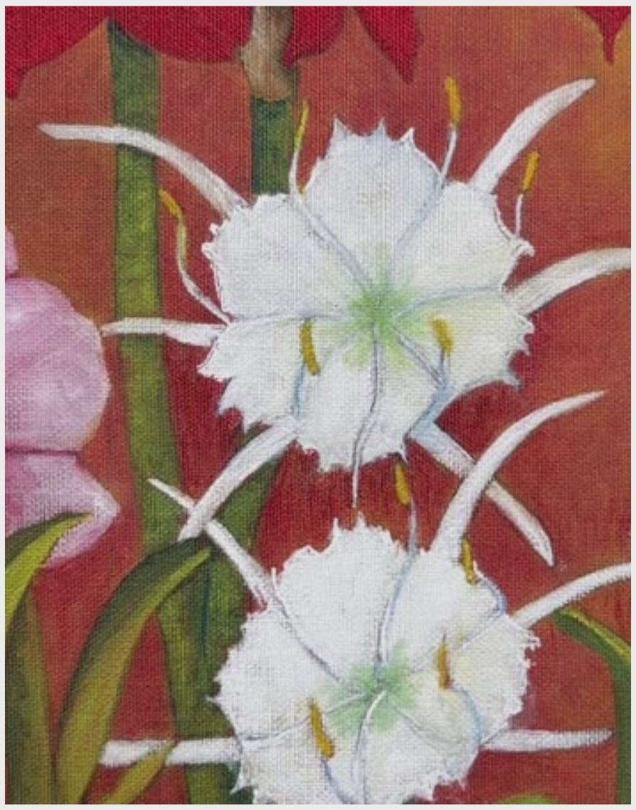 Video preview of Potted Blooms canvas wall art featuring vibrant red, pink, and white flowers in rustic pots, printed on satin canvas with texture details