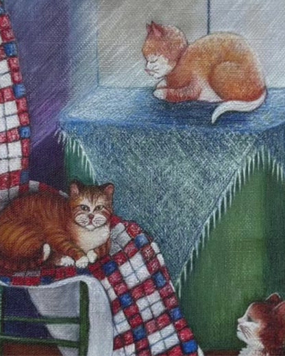 Video preview of Three Cats canvas wall art featuring three resting cats by a sunlit window, printed on satin canvas with warm, vintage-style tones