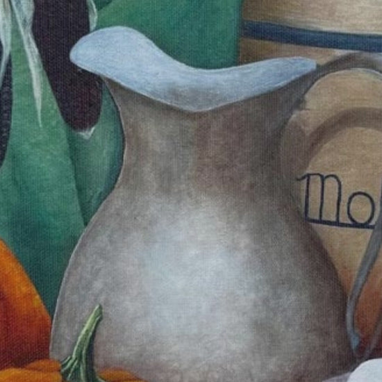 Video preview of Pumpkins canvas wall art featuring a rustic still life with pumpkins, Indian corn, and a vintage crock, printed on satin canvas