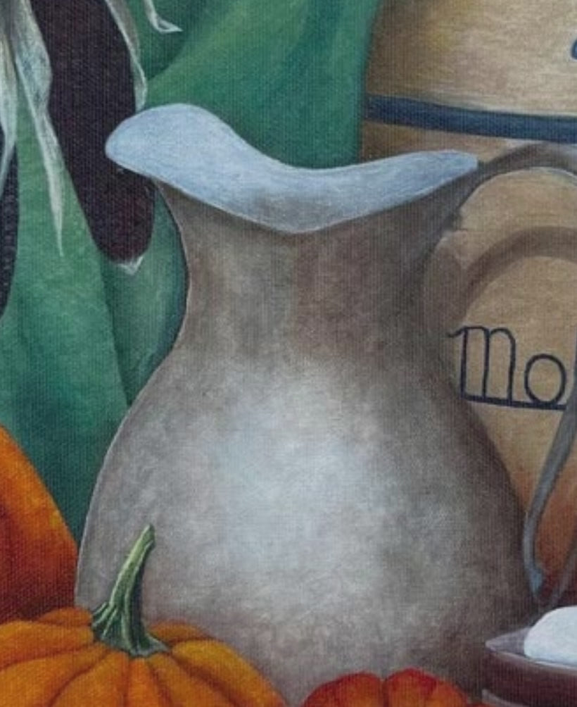 Video preview of Pumpkins canvas wall art featuring a rustic still life with pumpkins, Indian corn, and a vintage crock, printed on satin canvas