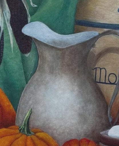 Video preview of Pumpkins canvas wall art featuring a rustic still life with pumpkins, Indian corn, and a vintage crock, printed on satin canvas