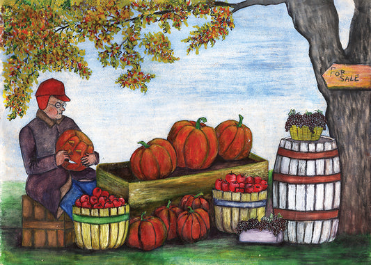 Pumpkin Stand – Autumn Harvest Market Vintage Painting Art Card