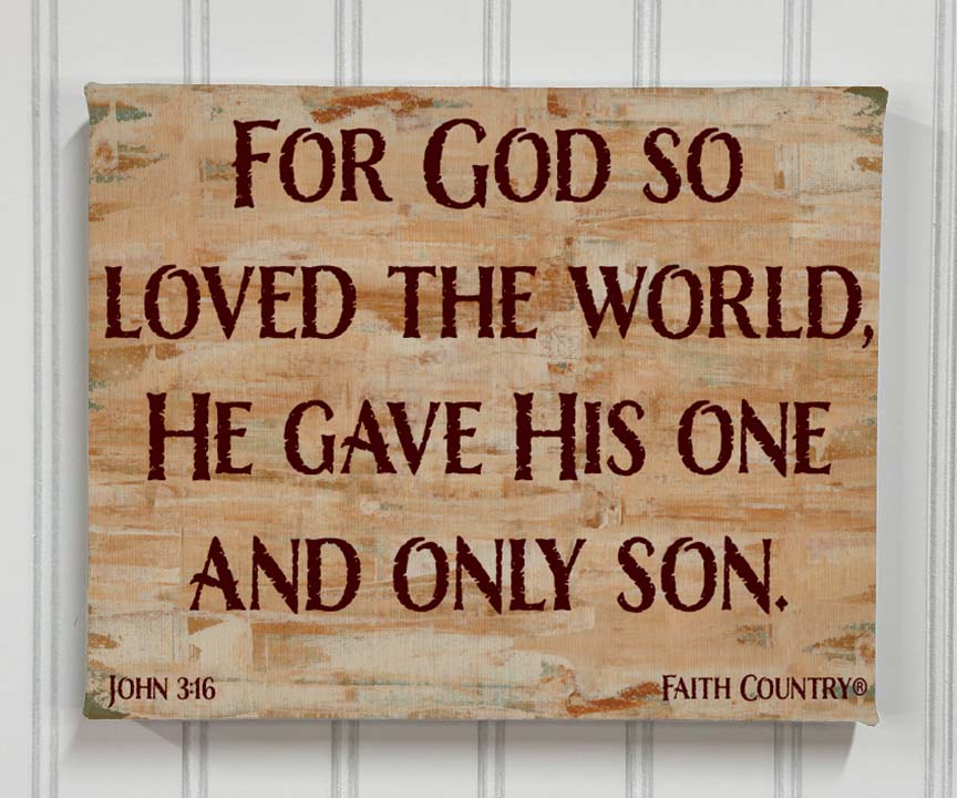 John 3:16 scripture wall art on tan painted abstract background – canvas view