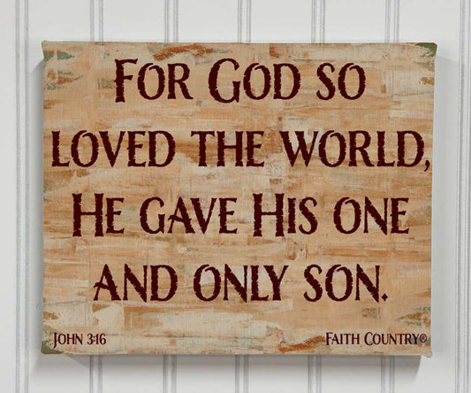 John 3:16 scripture wall art on tan painted abstract background – canvas view