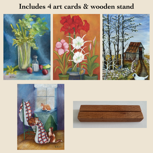 Springtime Charm Art Card Set with Wooden Stand – Vintage Flower & Farmhouse Cat Wall Art, Country Kitchen Decor
