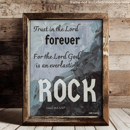 Mockup of scripture canvas art with 'Trust in the Lord forever, for the Lord God is an everlasting Rock' framed in a rustic wood frame, set against a warm wood backdrop. Frame not included.