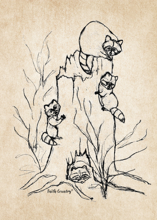 Woodland Raccoon Sketch Printable, Vintage Forest Animal Drawing, Rustic Country Line Art, Heritage Farmhouse Decor