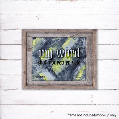 Mockup of scripture canvas art displaying 'My word shall not return void' from Isaiah 55:11 in a rustic wood frame, set against a white shiplap background. Frame not included.