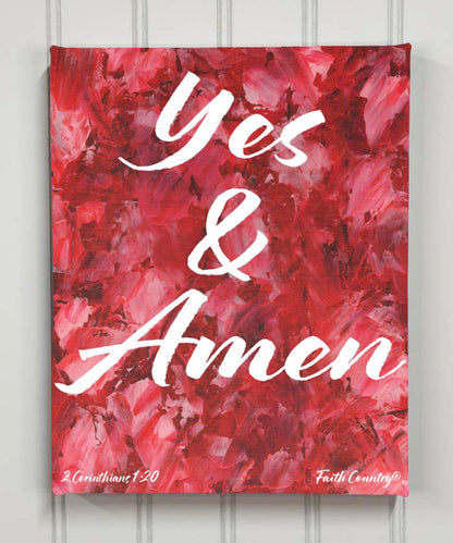 Yes & Amen scripture wall art on red abstract background – 2 Corinthians 1:20
